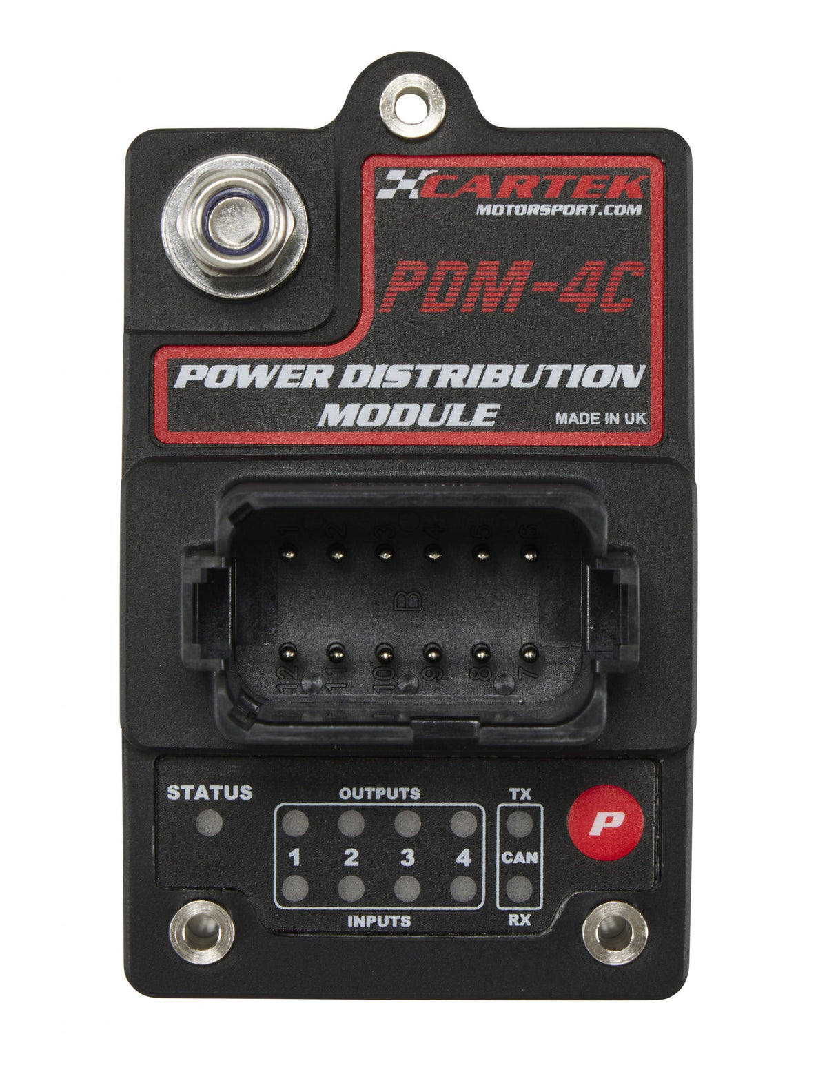 CarTek PDM-4C four-channel power distribution module with CAN-Bus, sealed 12-pin Amphenol connector.