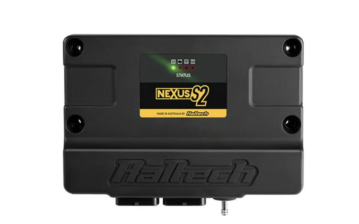 Haltech Nexus S2 ECU from above, showing the status LED panel and four mounting points.