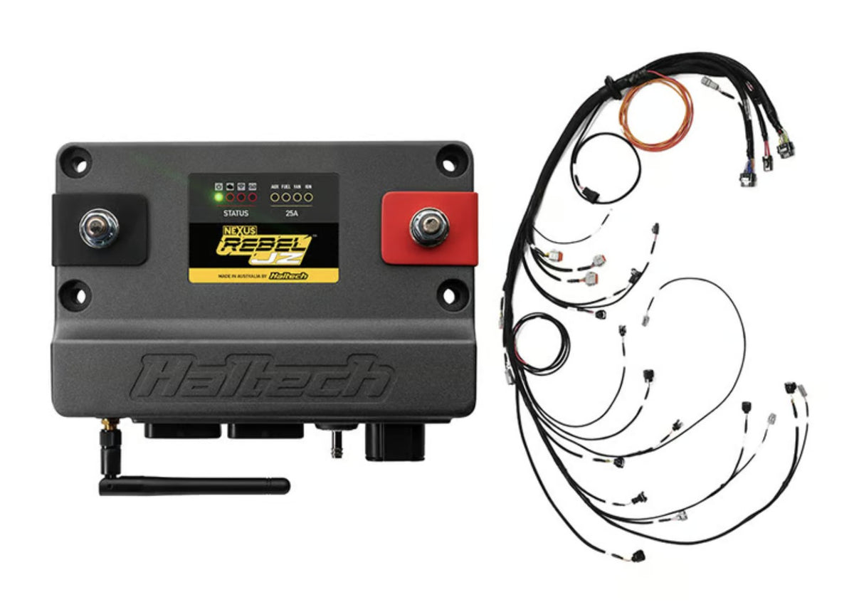 Haltech Nexus Rebel JZ ECU alongside the terminated main harness supplied in the kit.