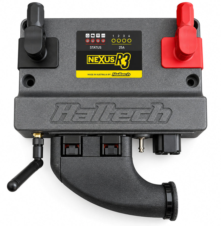Faustec 3D printed 90 degree sealed backshell fitted to a Haltech Nexus R3, turning the loom down away from the connectors
