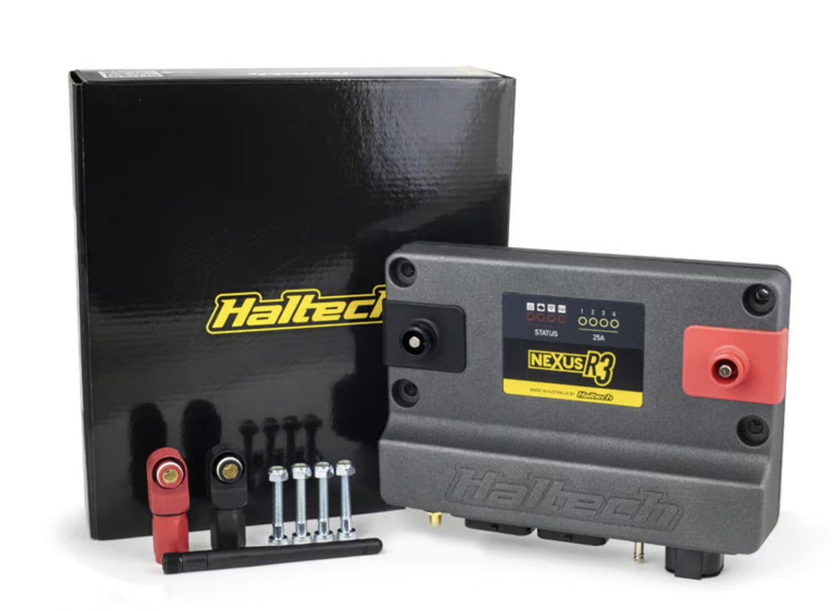 Haltech Nexus R3 VCU with its box, SurLok battery terminals, Wi-Fi antenna and mounting bolts.