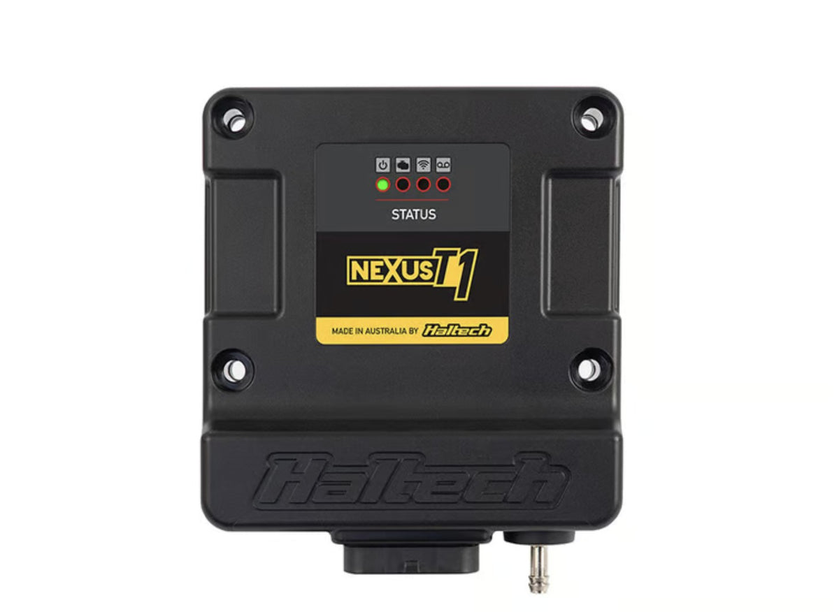 Haltech Nexus T1 ECU from above, showing the status LED panel and sealed case.