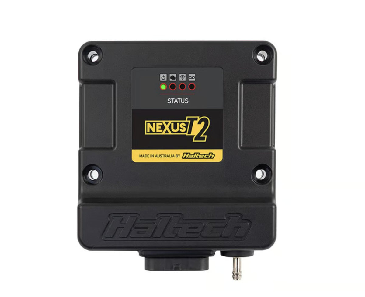 Haltech Nexus T2 ECU from above, showing the status LED panel and sealed case.