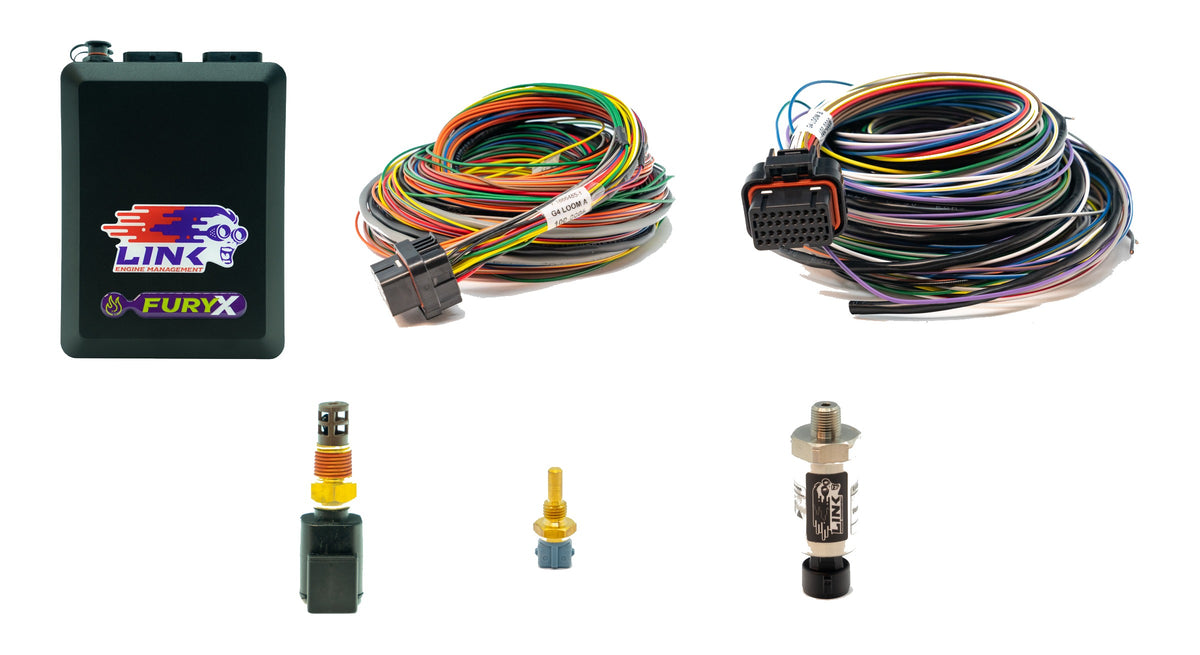 What ships in the Link G4X FuryX wire-in bundle: the ECU, 2.5 m A and B looms, and the sensor pack.