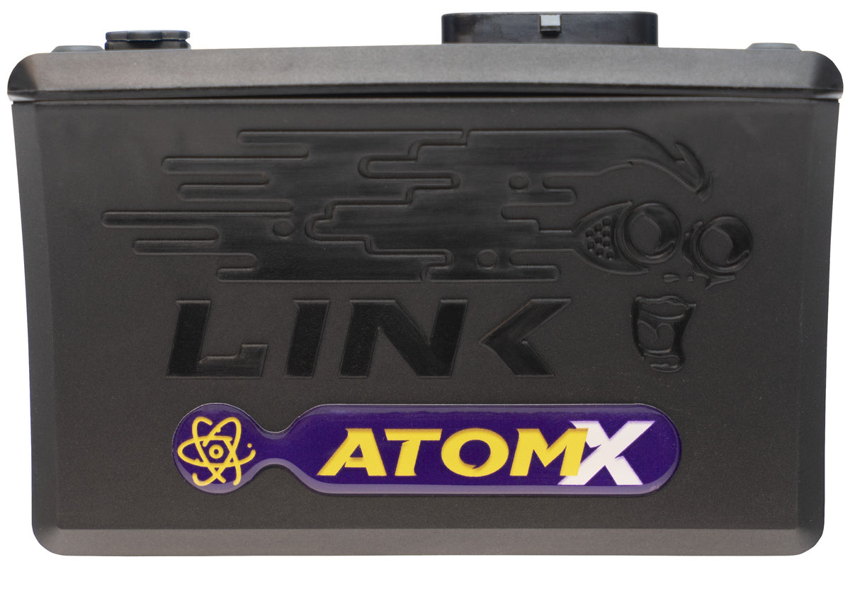Link G4X AtomX wire-in ECU, front view of the sealed case and single 34 position connector.