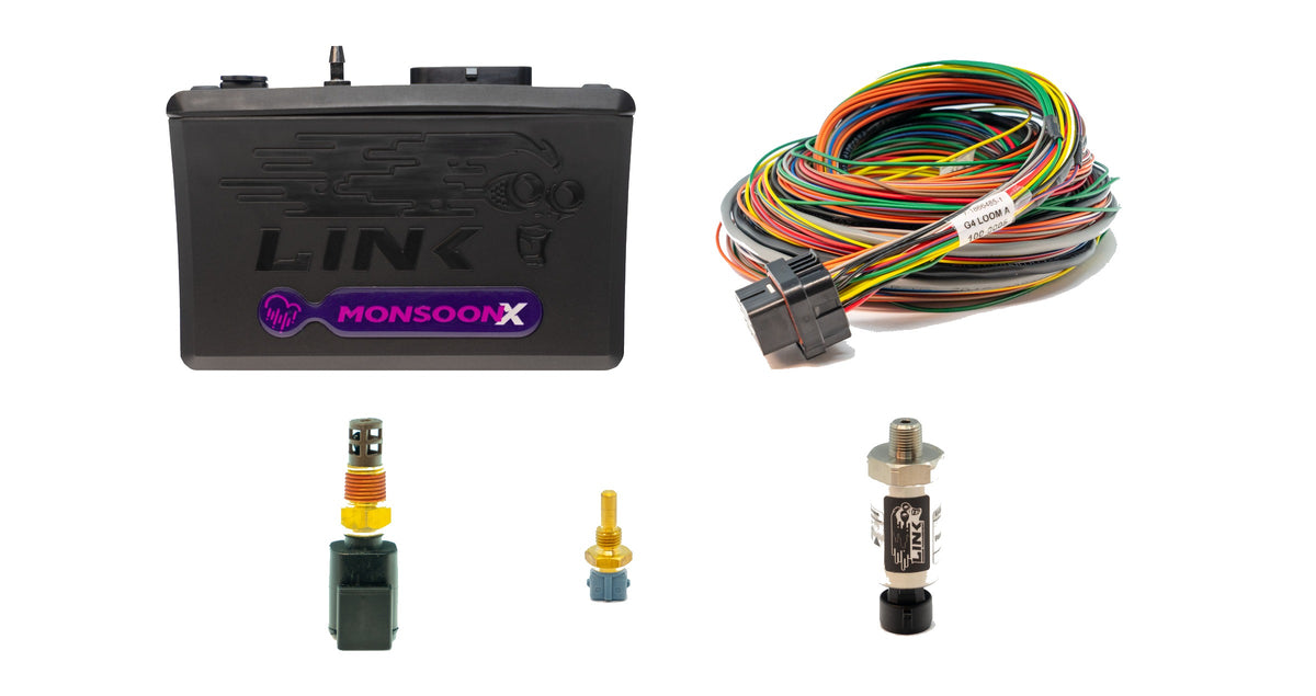 What ships in the Link G4X MonsoonX wire-in bundle: the ECU, a 2.5 m A loom, and air temperature, coolant temperature and 10 bar pressure sensors.